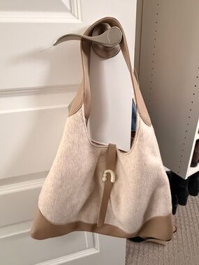 Neutral Two-Tone Shoulder Bag with Leather Trim